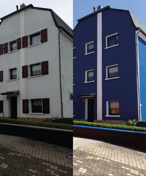 Façade de maison peinte en blanc avec volets noirs par BL Habitat - Peinture extérieure à Lille