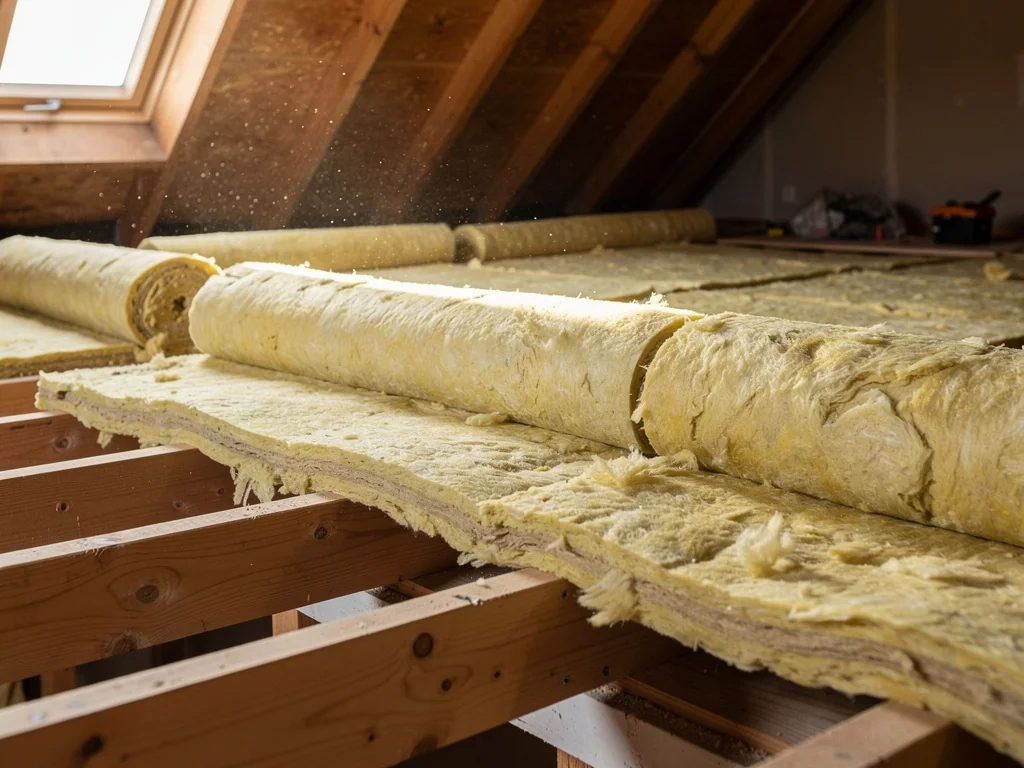 Rouleaux de laine minérale déroulés sur le plancher de combles